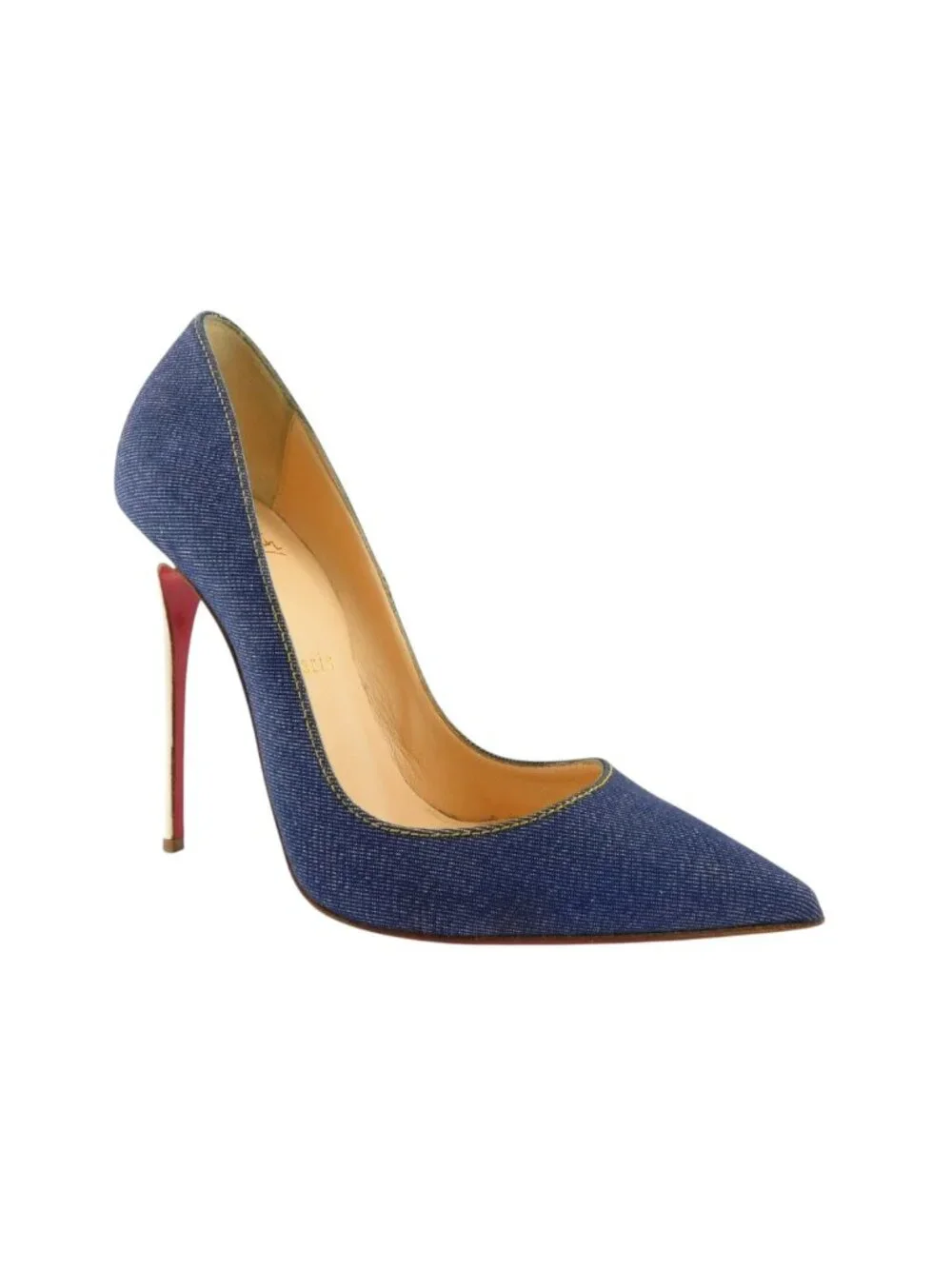 CHRISTIAN LOUBOUTIN Denim Blue Jean White Leather Stiletto Heel Pumps 38